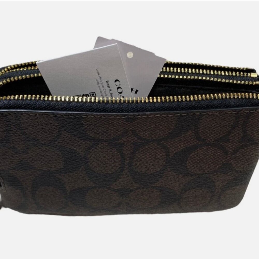 NWT COACH DOUBLE Corner Zip Wristlet In Signature "C" Dark Brown Gold Accents - Picture 4 of 14